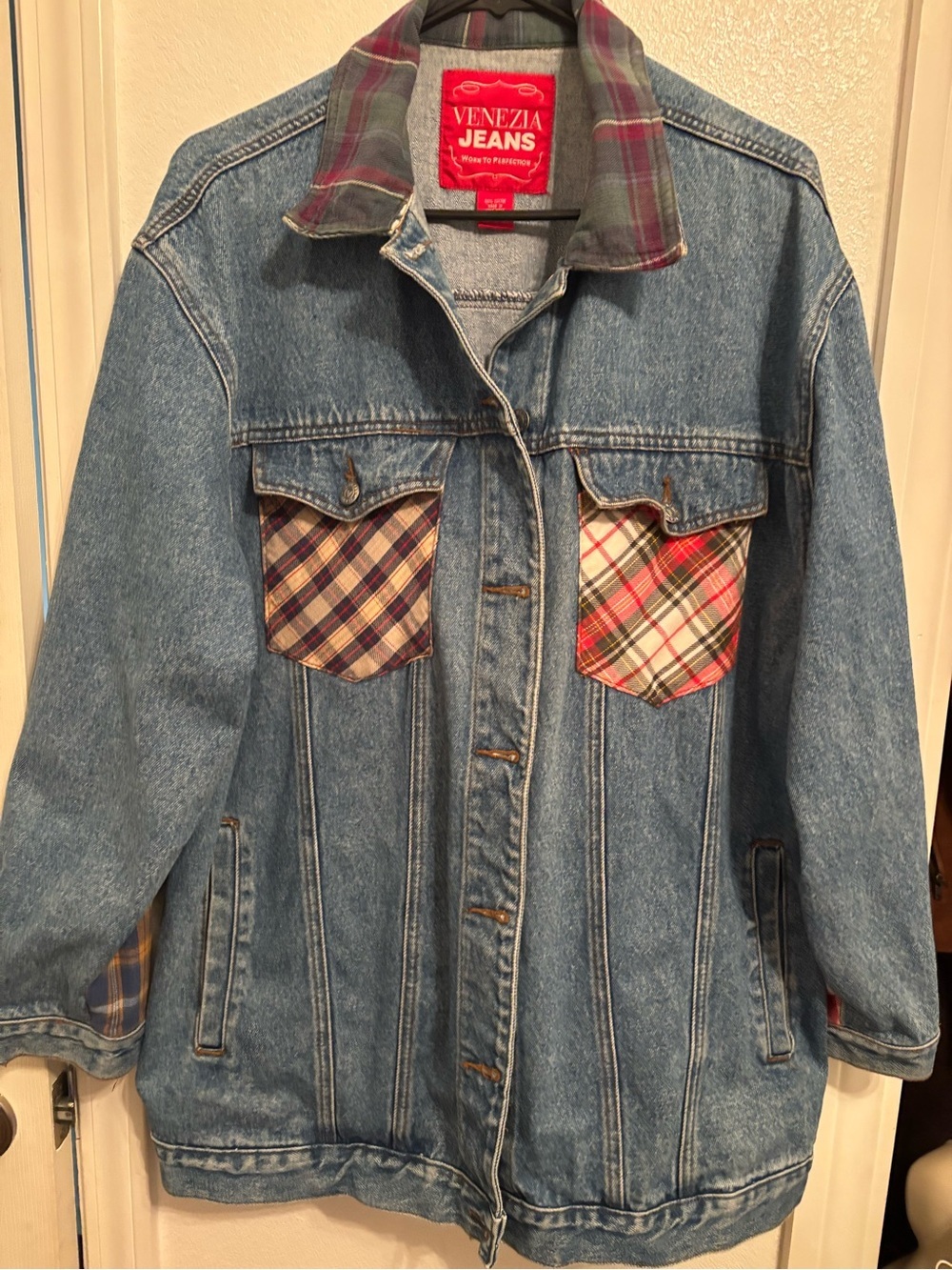 Vintage Venezia Denim Jacket with Plaid Pocket & sleeve  Accents 14/16